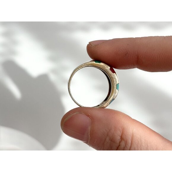 Mosaic Multi Gemstone Inlay Unusual 925 Sterling Silver Vintage Ring - sz 7 - Picture 6 of 11